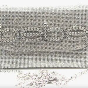 BNWT Bebe Wynn Clutch Silver Rhinestone chain strap Crossbody